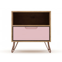 Manhattan Comfort 101GMC6 Rockefeller 1.0 Mid-Century- Modern Nightstand with 1-Drawer in Nature and Rose Pink
